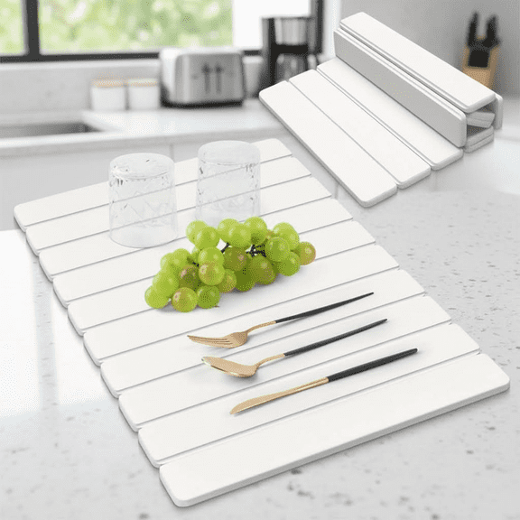 Large Quick-Dry Absorbent Kitchen Counter Dish Drying Mat, Collapsible Stone Diatomaceous Earth Dish Pad for Dishes, 24x16 Inch Peel White Non-Slip Drying Rack Replacement