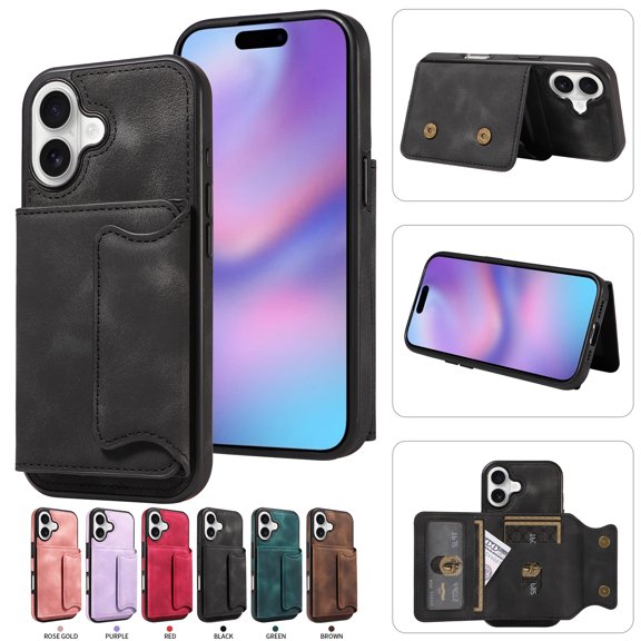 Case for iPhone 17, Premium PU Leather   TPU Protective Back Cover with Card Slots Finger Ring Kickstand Magnetic Closure Shockproof Drop Protective for iPhone 17, Black