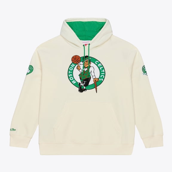 Men's Mitchell & Ness Cream Boston Celtics Hardwood Classics Chainstitch Premium Fleece Hoodie