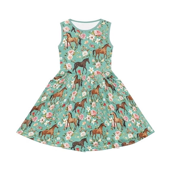 Girls Sleeveless Swing Dress with Pockets Horse Floral Print Soft Stretchy A Line Summer Casual Daily Outdoor Sundress(Green,3-4 Years)