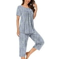 thumbnail image 2 of Tnhcen Women's Summer Floral Print Henley Sleepwear Set - Button-Up Short Sleeve Top Capri Pants with Side Pockets Stretchy Pajamas Set Loungewear (S-3XL), 2 of 5