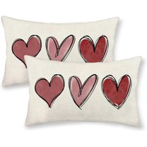 Valentines Day Pillow Covers 12x20 Set of 2, Red Love Heart Valentines Decorations Throw Pillows Lumbar Anniversary Decor Pillowcase Linen Valentines Outdoor Cushion Case for Sofa Home