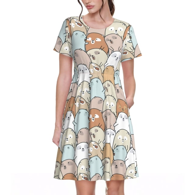 Balery Lovely Bear Vestidos sueltos de manga corta para mujer, vestidos de verano 2025, vestidos casuales de corte A con vuelo.