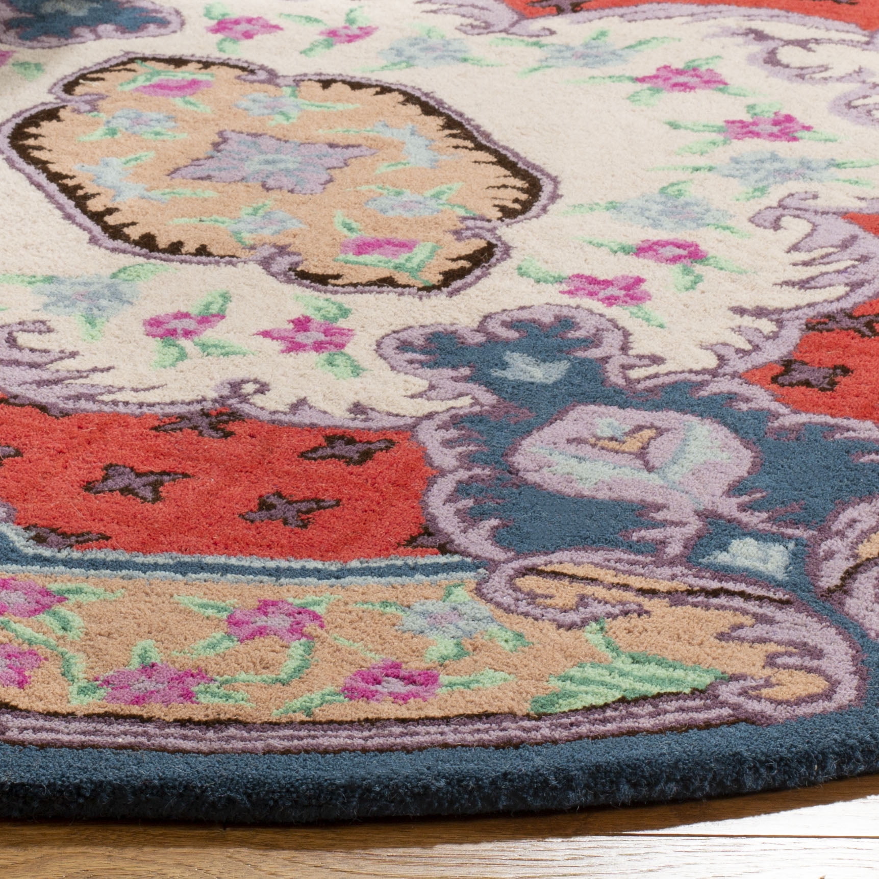 SAFAVIEH Bellagio Chandler Floral Wool Area Rug, Ivory/Pink, 3' x 3' Round
