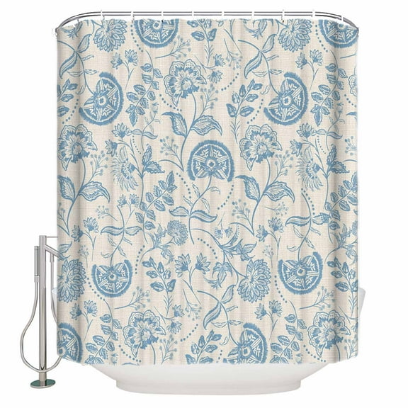 Farmhouse Light Blue Floral Shower Curtain, 72" x 72", Linen Boho Paisley Flower Rustic Waterproof Bathroom Curtain Washable Shower Curtain Set with 12 Hooks