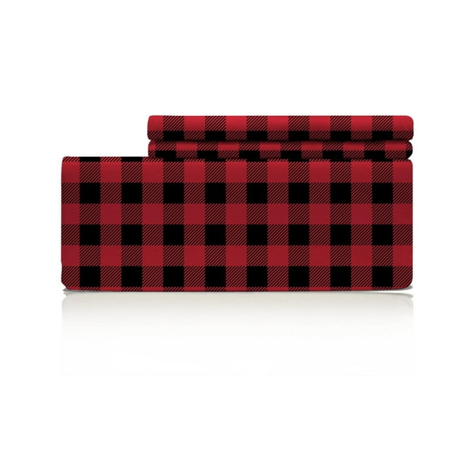 Johnson Home Premium 160 GSM ultra-plush combed cotton flannel sheet set in red and black buffalo plaid pattern, folded with fitted sheet featuring 15-inch deep pocket, breathable and durable for cozy, year-round bedding comfort.