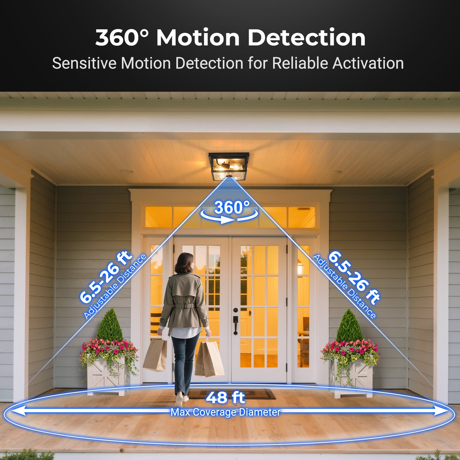 VIANIS Motion Sensor Outdoor Ceiling Light with Remote Control, Adjustable Distance Time Flush Mount Porch Ceiling Light for Garage,Porch, Entryway, 5 Modes, Black, Tempered Glass, Square