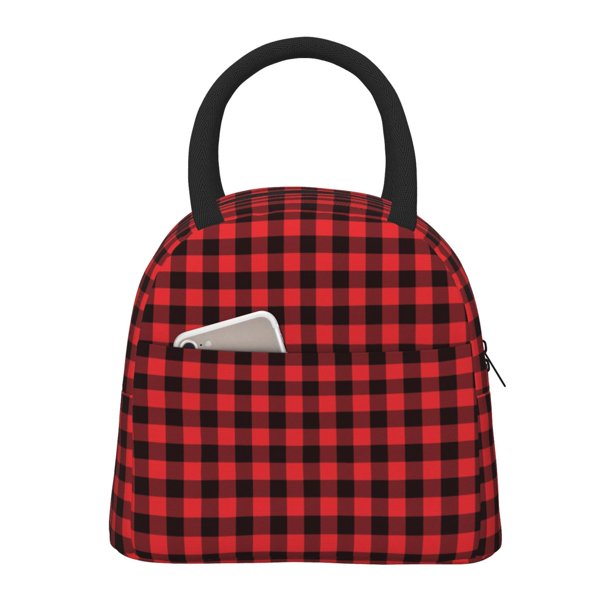 Balery Buffalo Plaid Red Black Bolsa de Almuerzo para Mujeres, Caja de Almuerzo, Bolsa de Almuerzo Pequeña Impermeable, Tote de Almuerzo Reutilizable con Gran Capacidad