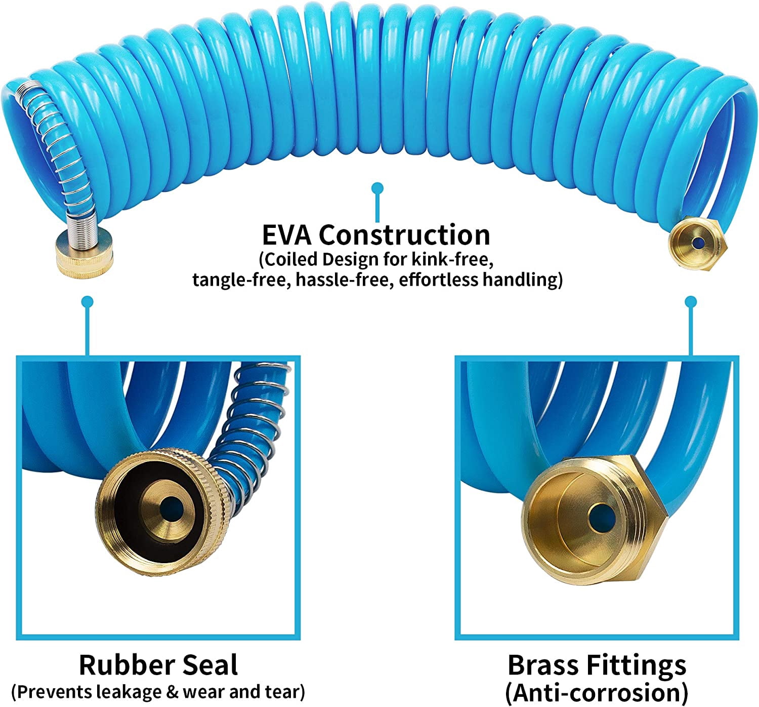 AUTOMAN EVA Recoil Garden Hose 25ft - Includes 7 Pattern Spray Nozzle, Corrosion Resistant Garden Coil Hose. Blue