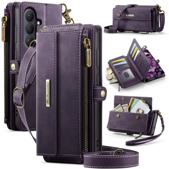 ELEHOLD Wallet Case for Samsung Galaxy S26 , Leather Shockproof Card Slots Zipper Pocket Card Holder Phone Case with Detachable Shoulder Strap Wrist Strap,Purple