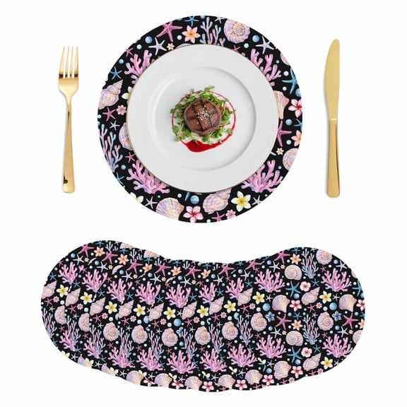 Beach Coastal Round 15 Inch Placemats Set of 8, Summer Nautical Shell Starfish Coral Black HeatResistant Non Slip Place Mats for Dining Table, Wipeable Braided Kitchen Table Mats for Housewarming