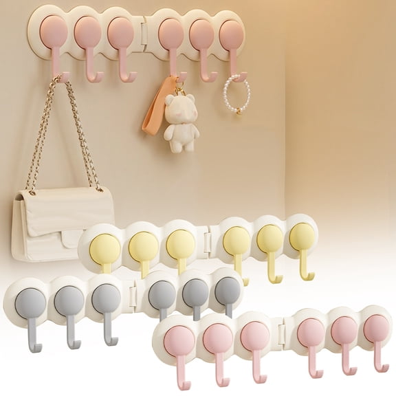 Apeya 12.6x3.14 Inch Pink Corner Foldable Sticky Hooks, 6 PC Multi-Hook Aesthetic Plastic Hanger Rack, No Drill Towel and Coat Holder for Kitchen Shower and Dorm