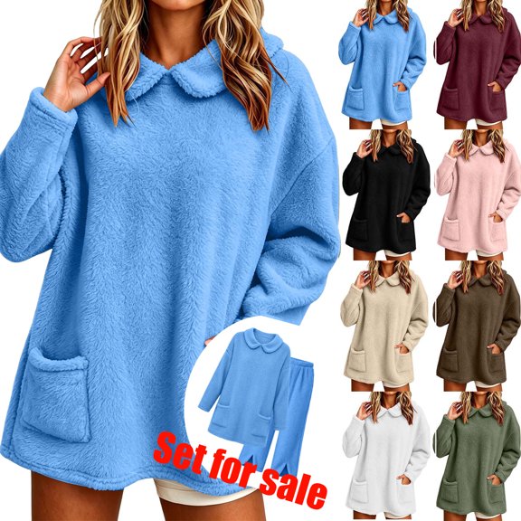 Winter Sweaters for Women Dqueduo Women's Winter Solid Color Long Sleeve Fleece Lined Warm Top With Pockets Blue XL Fleece Lined Tops