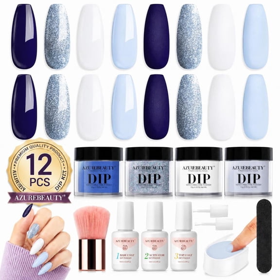 Azurebeauty 4 Colors Acrylic Dipping Powder Nail Kit, White Navy Blue Glitter Dip Powder Set with Base Coat, Top Coat & Activator, DIY French Manicure Nail Art Kit for Women