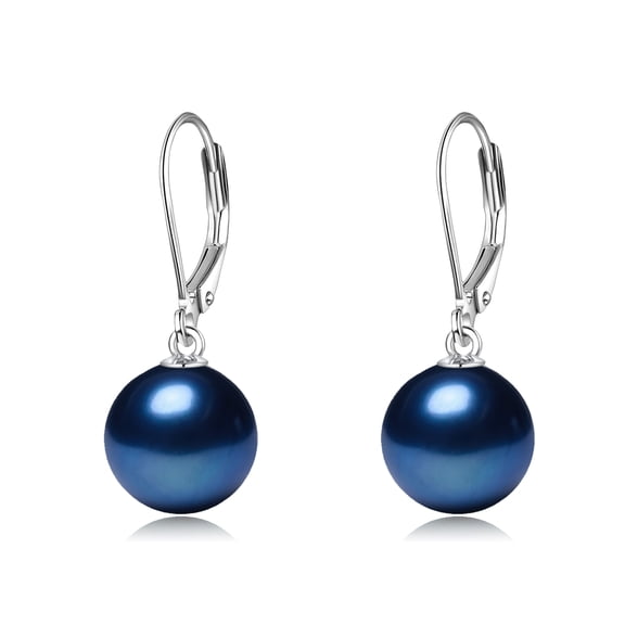 925 Sterling Silver Navy Blue Pearl Leverback Earrings Dangle Drop Jewelry Gifts for Women (Navy Blue Pearl)