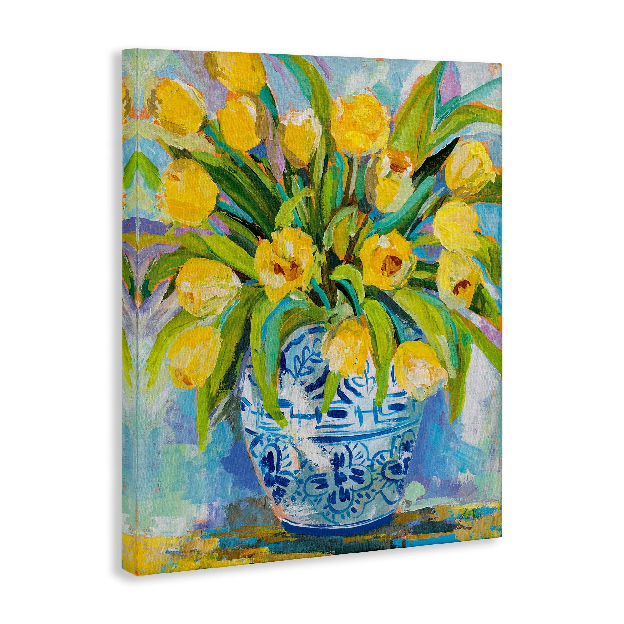 Stupell Industries Expressive Yellow Tulips in Ornate Blue Vase Painting, 24 x 30,Design by Jeanette Vertentes