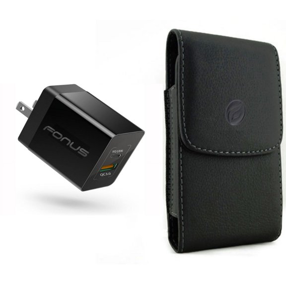 Case Belt Clip & Fast Home Charger for iPhone 15 Pro - Leather Holster Cover Pouch and 36W 2-Port USB Type-C Port Travel X6O for iPhone 15 Pro (6.1")