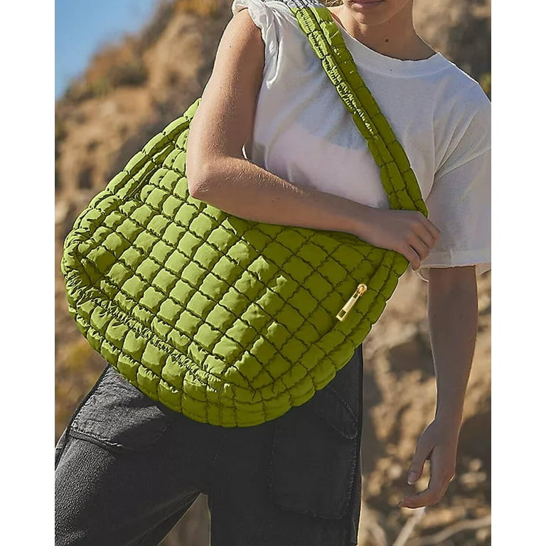 Casual Large Capacity Tote Shoulder Bags Designer Ruched Handbag Nylon  Quilted Padded Crossbody Bag Female Big Purse (Black)