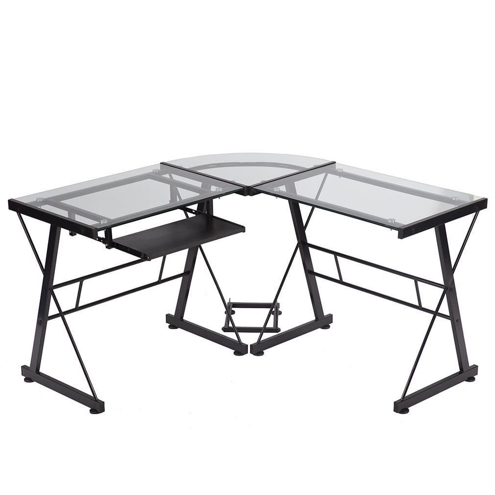 Computer Desk L Shaped Glass Office Writing Furniture With Keyboard Tray