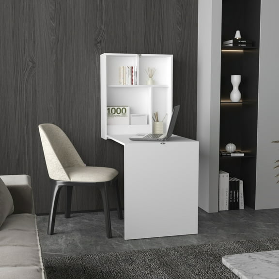 Modern Space Folding Desk With Four Shelves, 33"x23", For Office, White Rectangular Multi Table