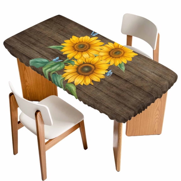 Sunflower Table Cloths for 5 Foot Rectangle Tables, Yellow Summer Botanical Butterfly Wooden Vintage Patio Waterproof Elastic Fitted Tablecloths, Washable Rectangular Table Cover for Camping