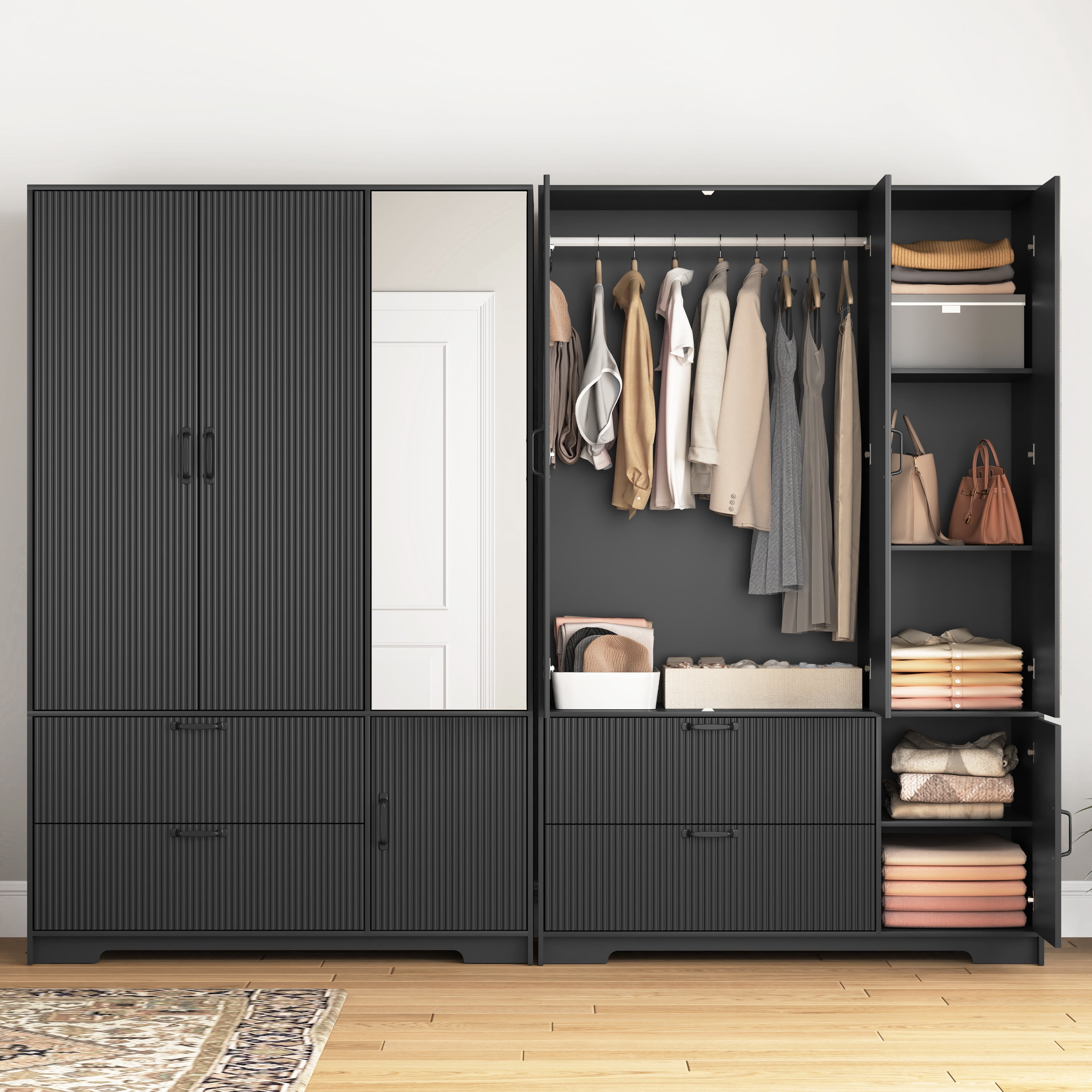 Mintazer Freestanding Wardrobe Armoire with Mirror & 4 Door, 71" Tall Clothing Storage Cabinet with Motion Sensor Light & 2 Large Drawers for Bedroom, Black