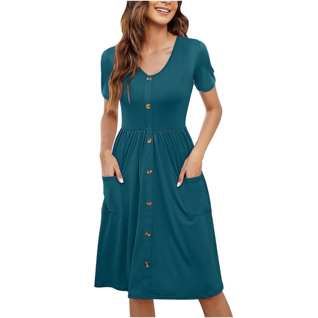 QIPOPIQ Robes pour Femmes avec Poches Manches Courtes Robes Décontractées Tendance Robe d'Été Unie Col en V Robe Ample pour Dames Offres 2023