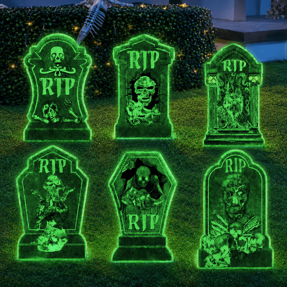 Halloween Tombstone Yard Signs, 6 Pack Luminous Gravestone Decorations with Stakes, Spooky Outdoor Lawn Garden Decor for Halloween Party