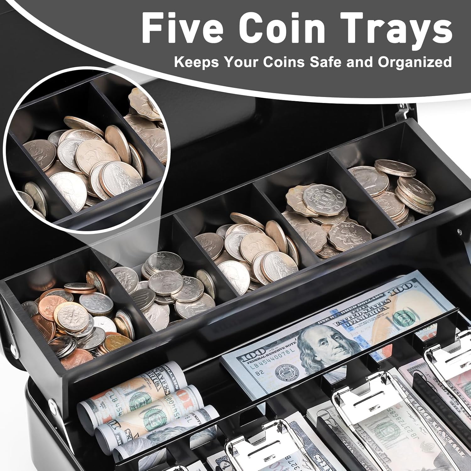 Cash Box Metal Money Box with 5 Coin Trays Cantilever Design & 4 Bill Slot with Spring Clips to Organize and 2 Keys Lock Box Suitable for Valuables 11.8x9.44x3.54in Size