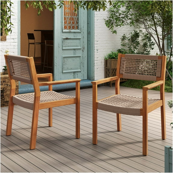 JERFIT Modern Braided Rope Dining Chair Set of 2, Light Brown Teak Finish Acacia Wood Side Chairs for Kitchen, Dining Room