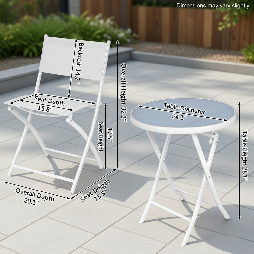 Hommoo 3-Piece Foldable Outdoor Bistro Set, 2 Chairs + Glass Top Coffee Table for Balcony, Patio & Garden, White