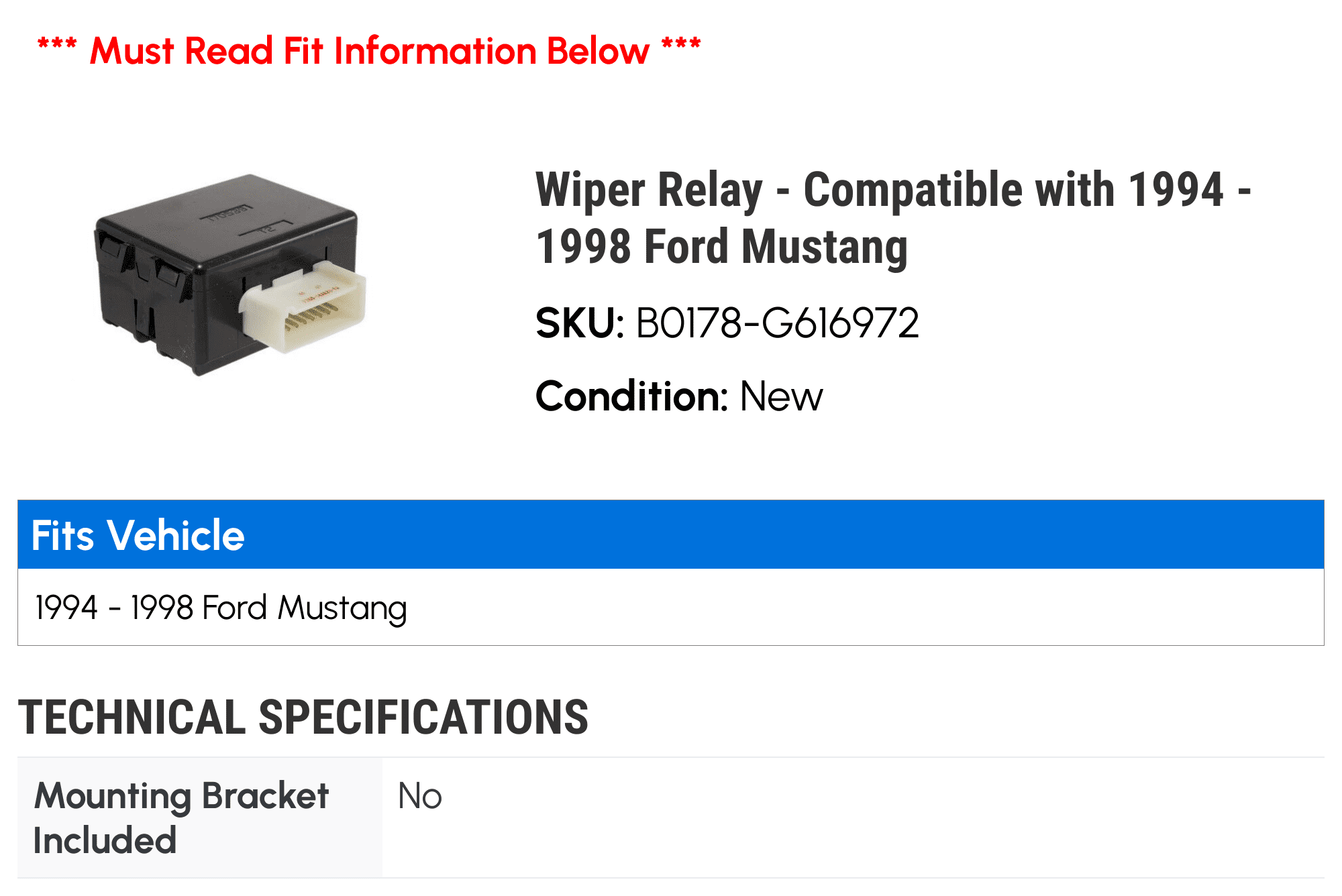 Wiper Relay - Compatible with 1994 - 1998 Ford Mustang 1995 1996 1997