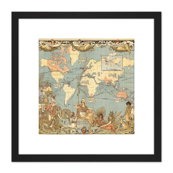 Map Colomb 1886 Extent British Empire 8X8 Inch Square Wooden Framed Wall Art Print Picture with Mount