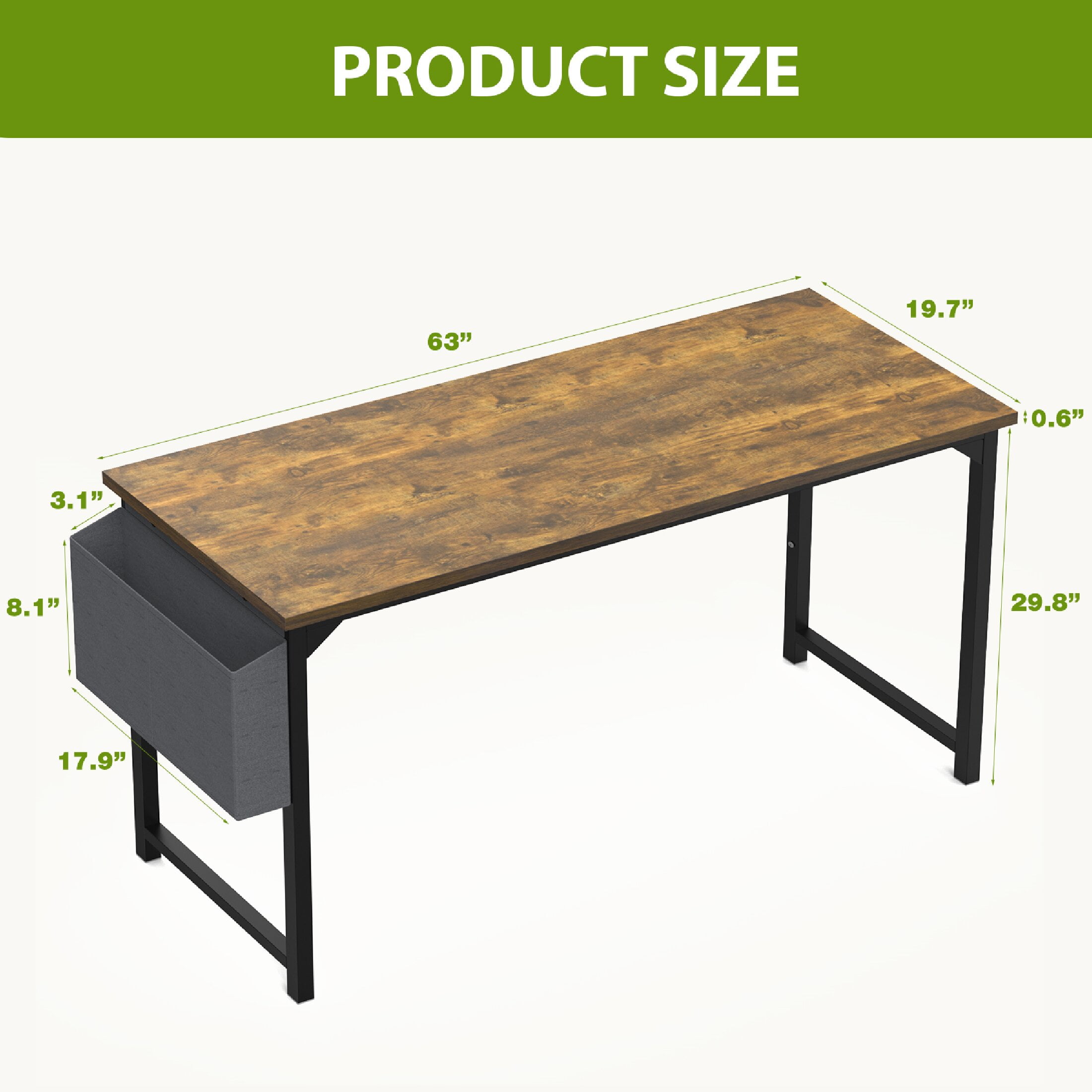 CONCETTA Computer Desk 63 Inch, Simple Farmhouse Table With Storage Bag & Headphone Hooks, Rust