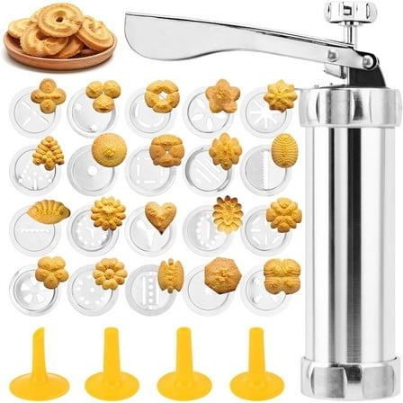 Cookie Press Gun, Cookie Press for Baking with 4 Piping Tips and 20 Cookie Discs, Metal Cookie Maker Cookie Decorating Kit for DIY Cookie Making and Cake Icing