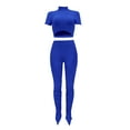 thumbnail image 5 of Women Fitted 2 Piece Outfits Short Sleeve Turtleneck Cutout Crop Top with Long Split Pants Legings Set Clubwear, 5 of 7