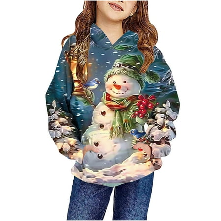 KkSLirnhs Girls Clothes 10-12 Girls Shirts Size 7-8 Long Sleeved Christmas Printed Round Neck Hooded Top Suitable for Both Boys and Girls Sports Hoodies 3 Years Blue