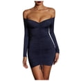 thumbnail image 2 of Fesfesfes Dresses for Women Bodycon Evening Gowns Off Shoulder Strapless Drawstring Pleated Skinny Dresses Solid Color Long Sleeve Party Mini Dresses, 2 of 7