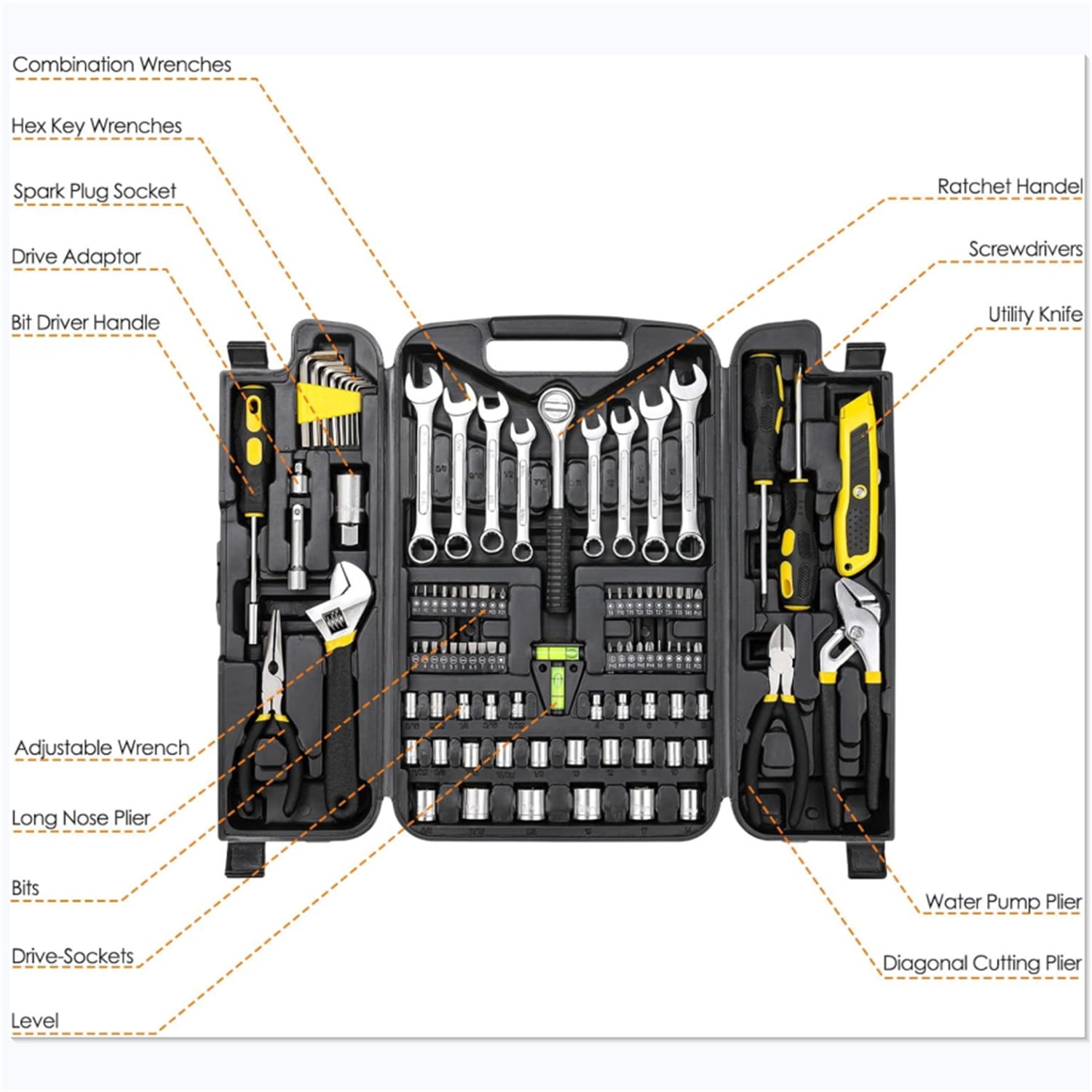 95 Piece Tool Set, Tool Kit, Mechanics Tool Set, Portable Toolbox with Adjustable Wrench Pliers Socket Bits, with Plastic Toolbox Storage Case, for House Apartment Garage (Yellow)