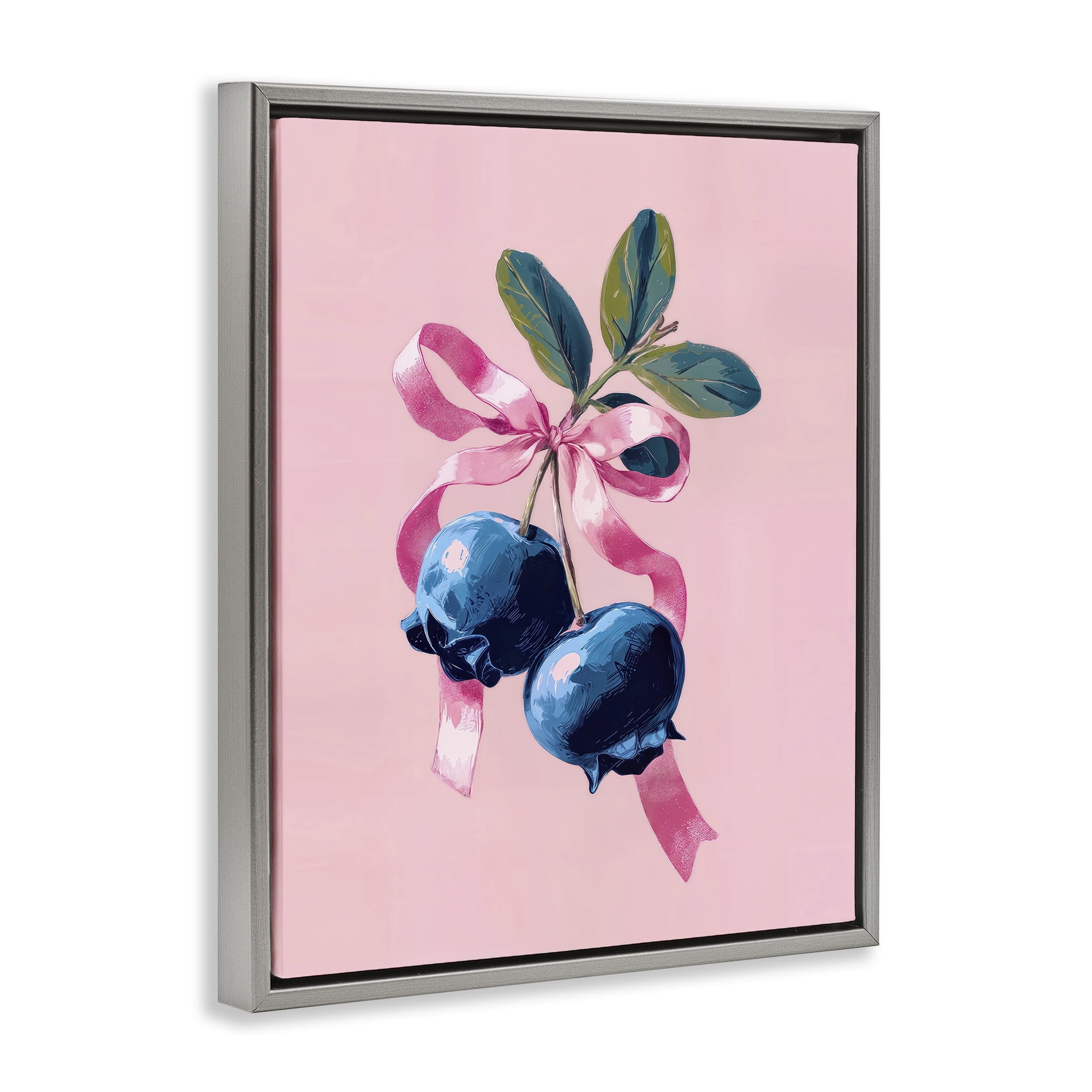 Stupell Industries Blueberry Branch with Pink Bow Gray Framed Floater Canvas Wall Art, design by Imagine It Images