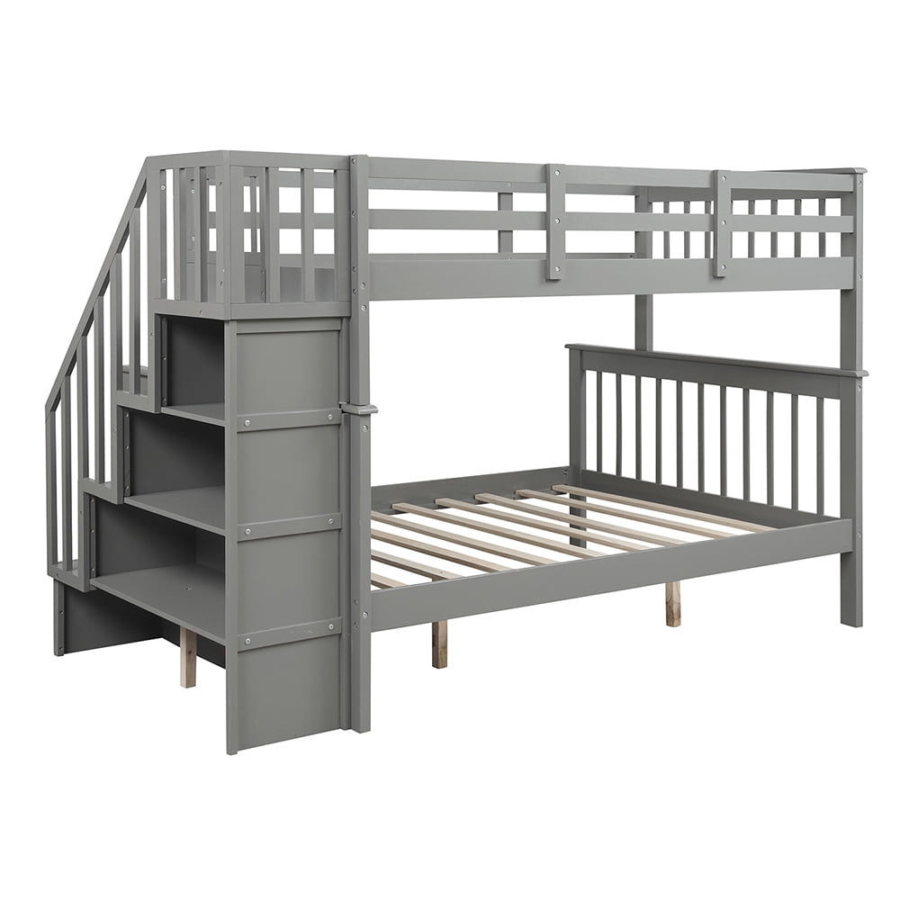 Private Jungle Twin Full Bunk Beds with Storage and Guard Rail, Solid Wood Bunk Bed for Bedroom, Gray