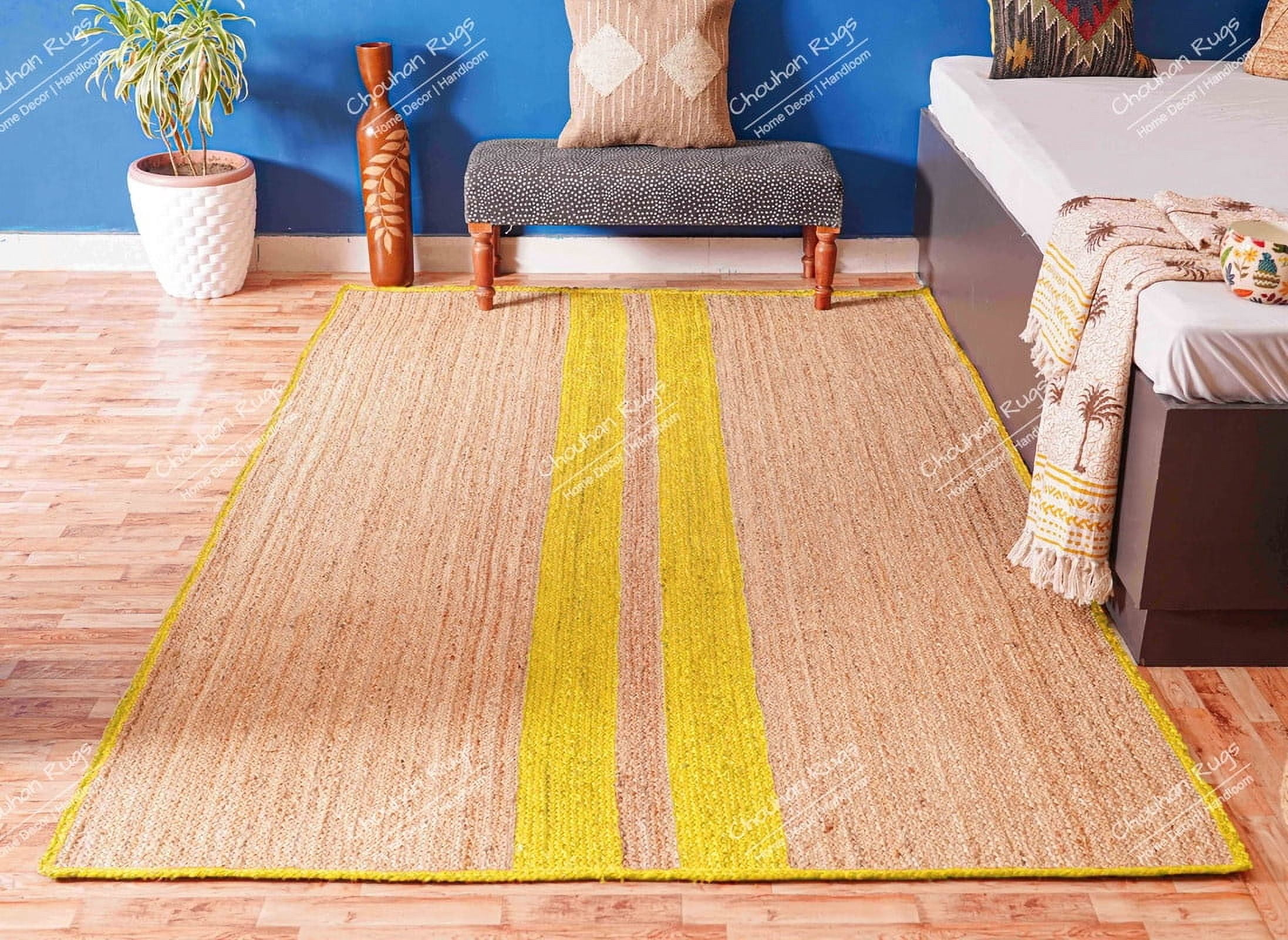 Chouhan Rugs Natural Jute Yellow Lined Rug Bohemian Rug Decor Rug Handwoven Rug Custom Rug Decorative Rug