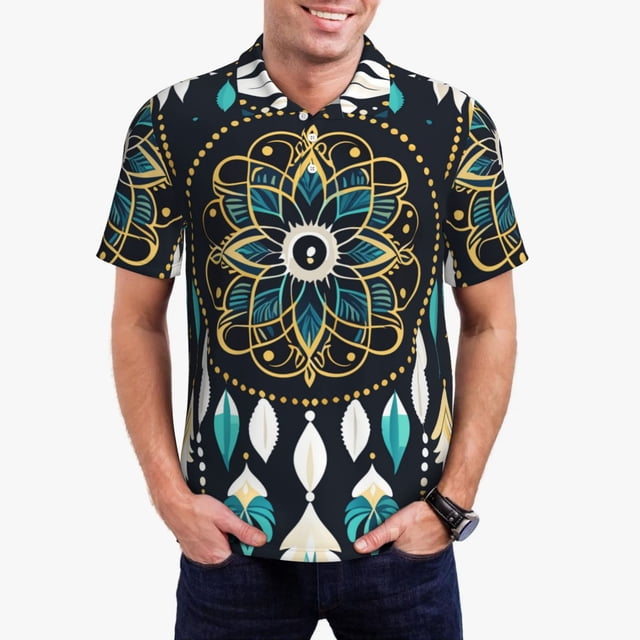 Balery Boho Dreamcatcher Camisa Polo de Hombre con Estampado, de Manga Corta y Tejido Medio, Camisa Tipo Golf Polo-Medium