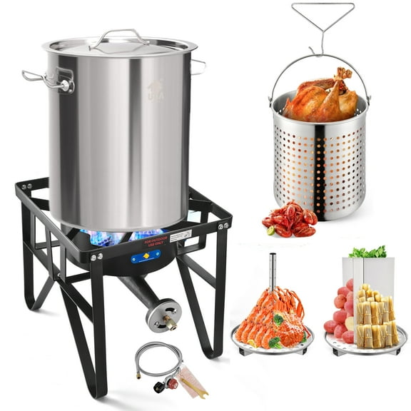 32QT Stainless Steel Seafood Boil Pot with 200,000BTU Single Burner Propane Stove, Heavy Duty Propane Burner For Outdoor Cooking Turkey Fryer, Crawfish Boil, Homebrewing