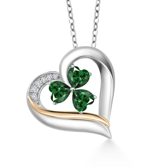 Gem Stone King 925 Sterling Silver and 10k Yellow Gold Green Nano Emerald and White Lab Grown Diamond 3-Stone Pendant Necklace for Women (1.54 Cttw, Heart Shape 5MM, 18 inch Chain)