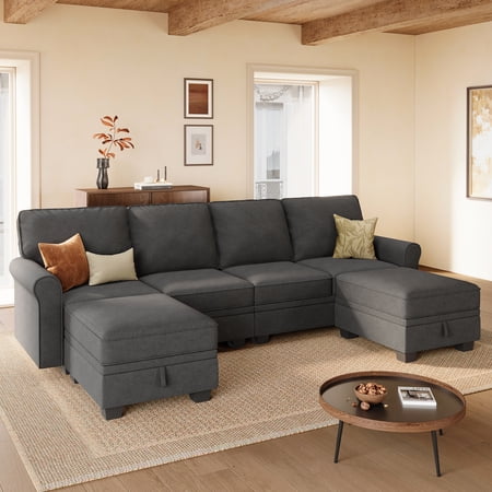Marrber 102.4” 6-Piece Modular Sectional Storage Sofa Reversible U-Shaped Couch with Ottomans for Living Room, Dark Gray