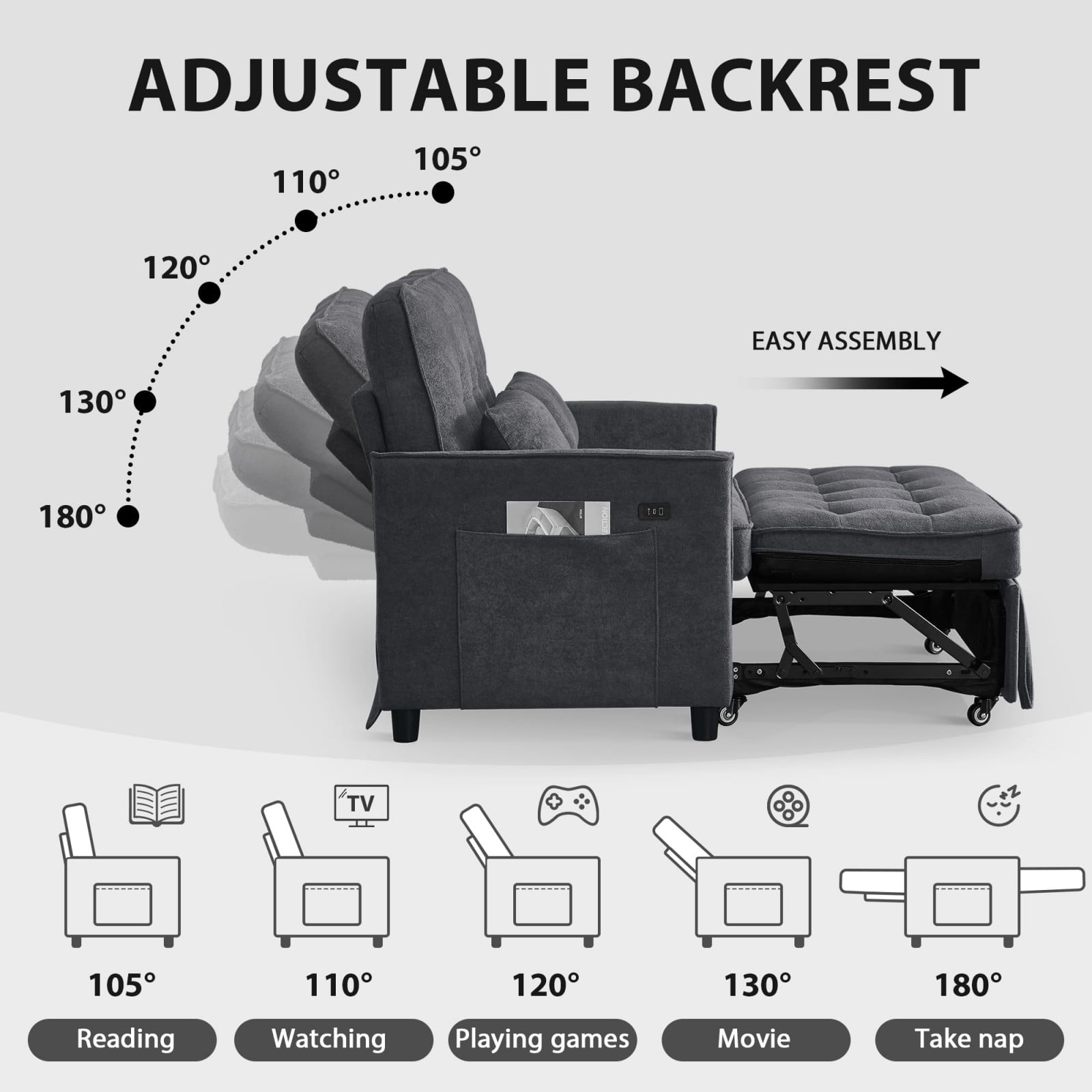 Convertible Sofa Bed, 3 in 1 Pull Out Couch Loveseat Sleeper with USB Charging Port, Adjustable Backrest, Side Pocket, Fabric Couch for Living Room Apartment, Dark Gray