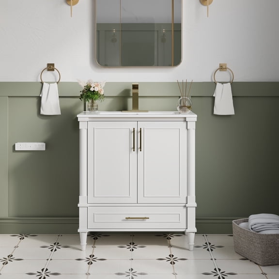 FORCLOVER 30" White Bathroom Vanity with Ceramic Countertop and Sink, Solid Wood & Plywood, 2 Doors 1 Drawer, Soft Close, Brushed Gold Handles