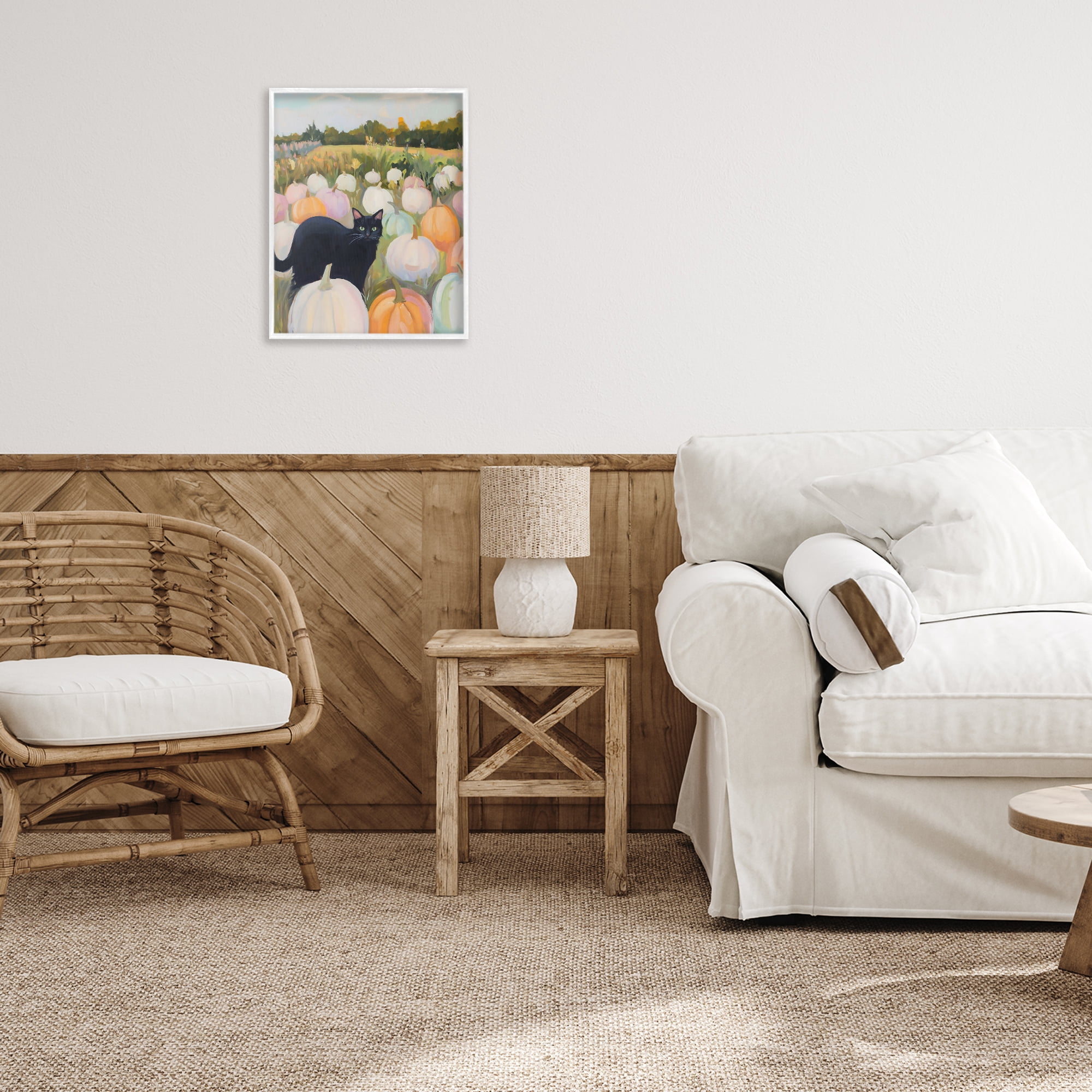 Stupell Industries Kitten & Pumpkins in Field White Framed Giclee Art, design by The Prints Vibe