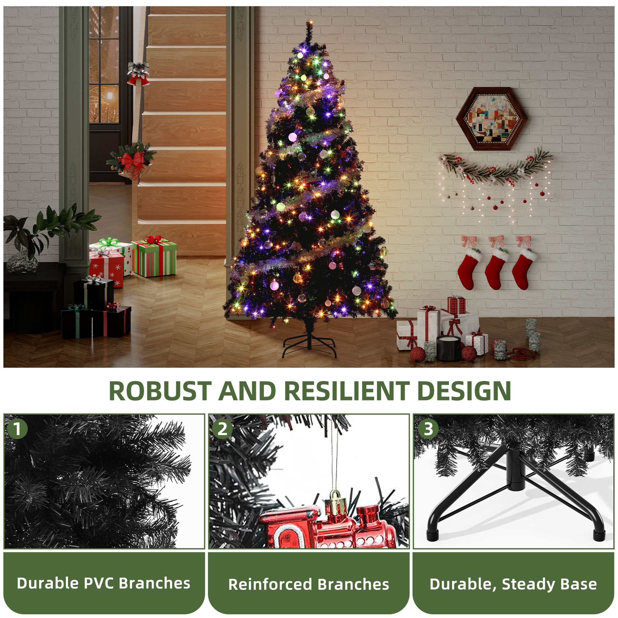 Uforic 6ft Pre-lit Artificial Pine Christmas Tree with 818 Branch Tips & 250 Lights, Remote Control, Black